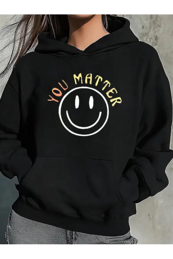 Women's Black Positive Affirmation Hooded Sweatshirt - You Matter Smile Print Self-Love Pullover, Cozy Casual Long Sleeve Hoodie with joyful Face & Self-Esteem Message, All-Season Comfort Fit, Machin