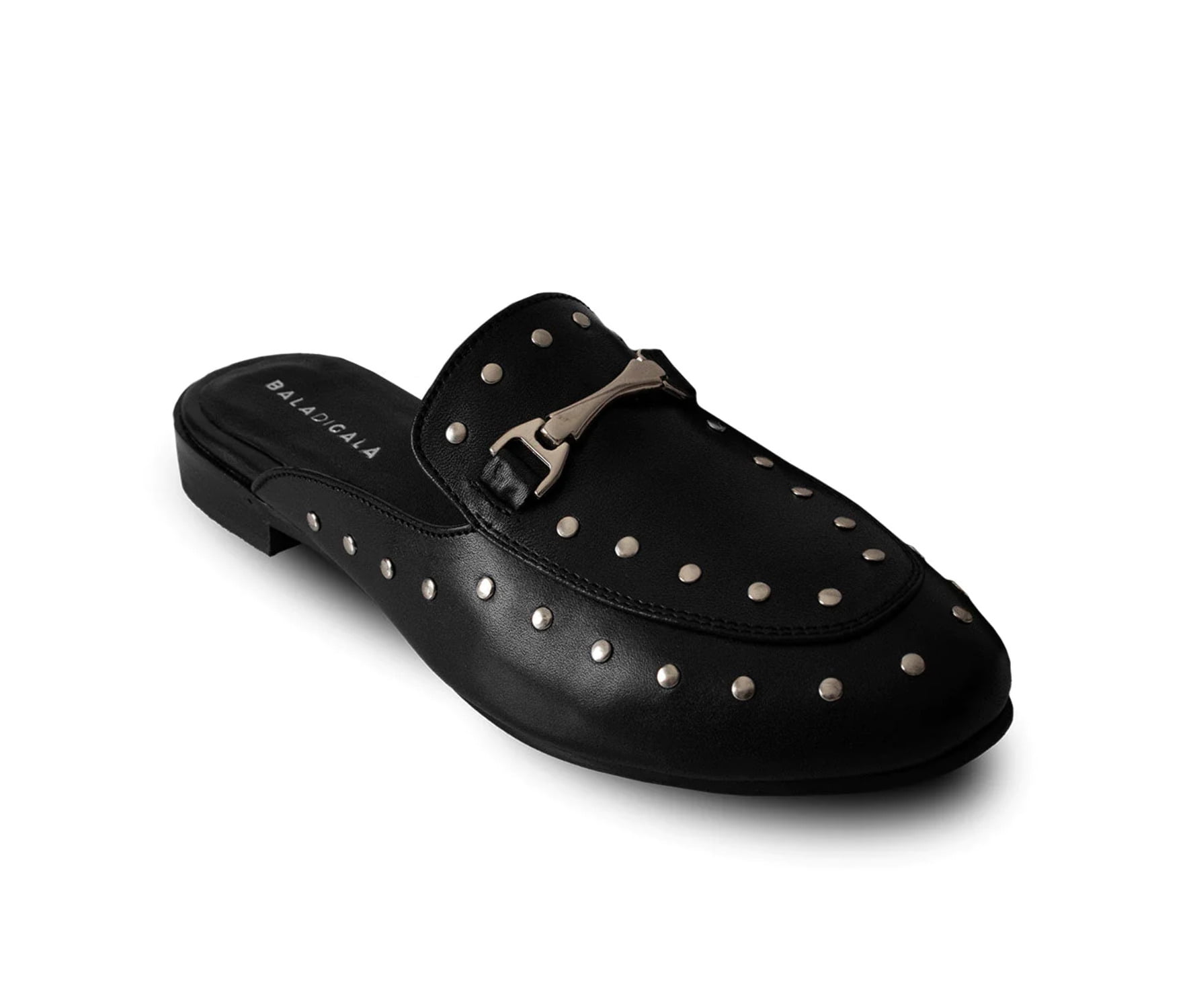 Women's Black Premium Leather Mules With Silver Studs Romee By
