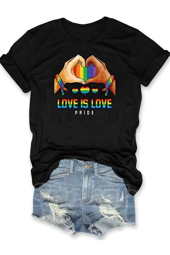 Women's Black Pride Graphic T-Shirt - "Love is Love" Rainbow Heart Design, 95% Polyester 5% Spandex, Regular Fit Short Sleeve Casual Top for Casual Attire & Pride Events