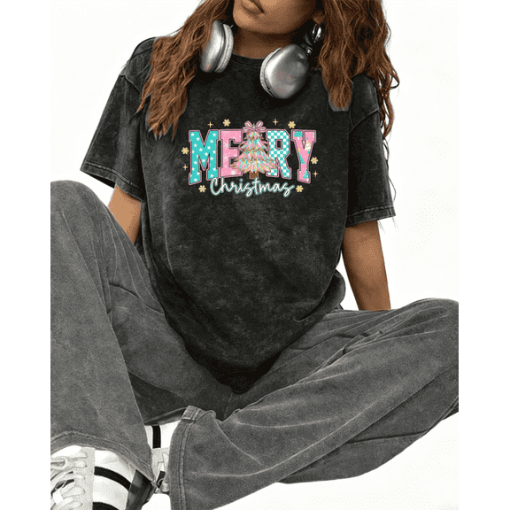 Women's Black Print T-Shirt Graphic Tee Merry Christmas with Vintage-Themed Lettering Santa, Tree, Snowman, Deer Festive Holiday Casual Tops S-2XL