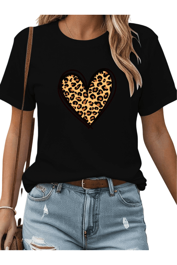 Women's Black Print Tshirt Graphic Tees Leopard Heart Pattern Shirts S-5XL Casual Valentine's Day Daily Tops