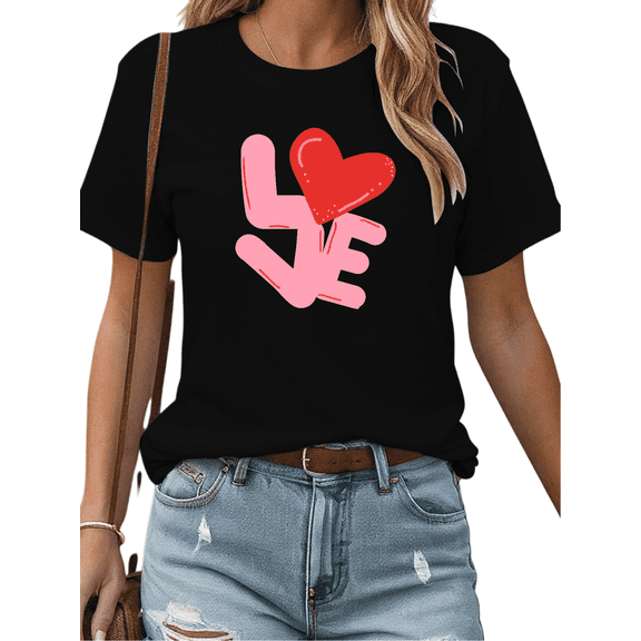 Women's Black Print Tshirt Graphic Tees Love Heart Pattern Shirts S-9XL Casual Daily Tops
