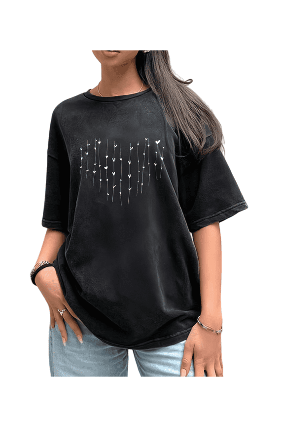 Women's Black Print Tshirt Graphic Tees Minimalist Heart Line Pattern Shirts S-2XL Casual Daily Tops