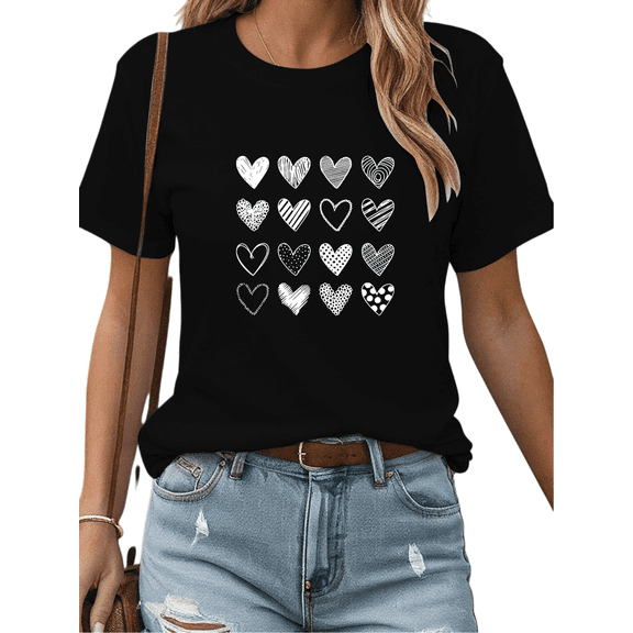 Women's Black Print Tshirt Graphic Tees Multi-Pattern Love Heart Shirts S-5XL Casual Daily Tops