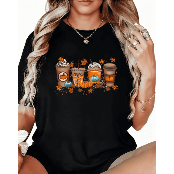 Women's Black Print Tshirt Graphic Tees Shirts Autumn Coffee Drinks Illustration Art Design Tops S-5XL