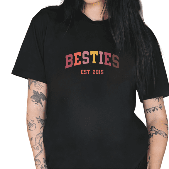 Women's Black Print Tshirt Graphic Tees Shirts Besties Est 2015 S-5XL Tops