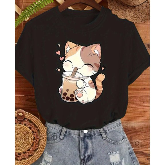 Women's Black Print Tshirt Graphic Tees Shirts Boba Tea Cat Cute Design Casual Tops S-5XL