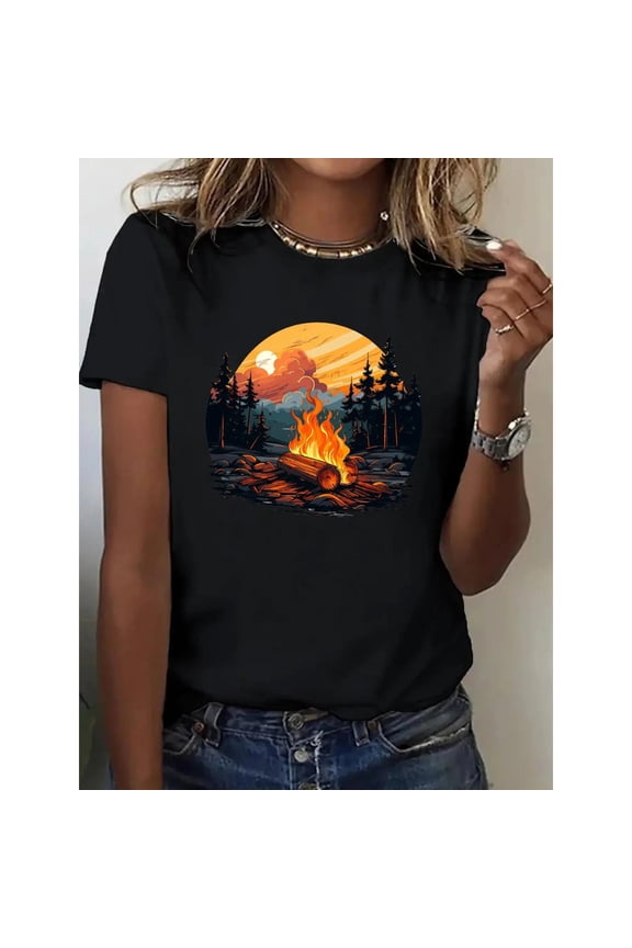 Women's Black Print Tshirt Graphic Tees Shirts Camping Bonfire Outdoor Design Casual Tops S-5XL