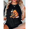 thumbnail image 1 of Women's Black Print Tshirt Graphic Tees Shirts Capybara Eating Ramen Cute Design Casual Tops S-5XL, 1 of 5