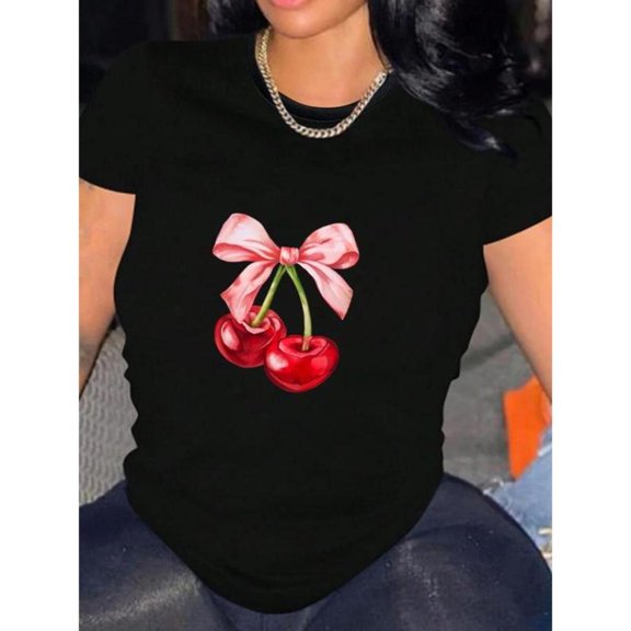 Women's Black Print Tshirt Graphic Tees Shirts Cherry Bowknot Cute Design Casual Tops S-5XL