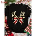 thumbnail image 1 of Women's Black Print Tshirt Graphic Tees Shirts Christmas Reindeer Antlers Bow Design Casual Tops S-5XL, 1 of 5