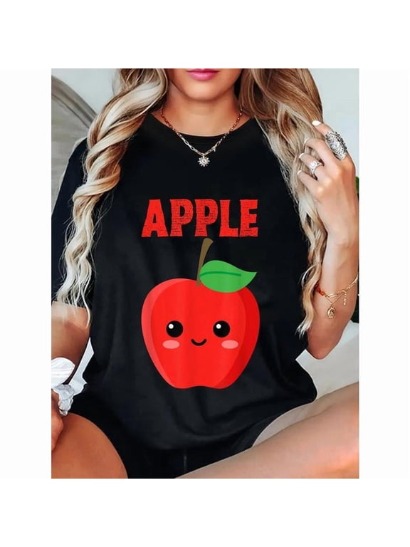 Women's Black Print Tshirt Graphic Tees Shirts Cute Apple Cartoon Fruit Humor S-5XL Tops