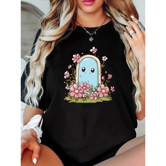 Women's Black Print Tshirt Graphic Tees Shirts Cute Floral Ghost In Garden Spring Summer S-5XL Tops