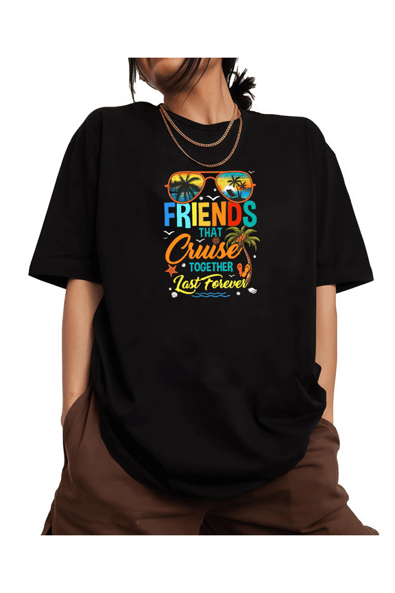 Women's Black Print Tshirt Graphic Tees Shirts Friends Cruise Forever S-5XL Tops