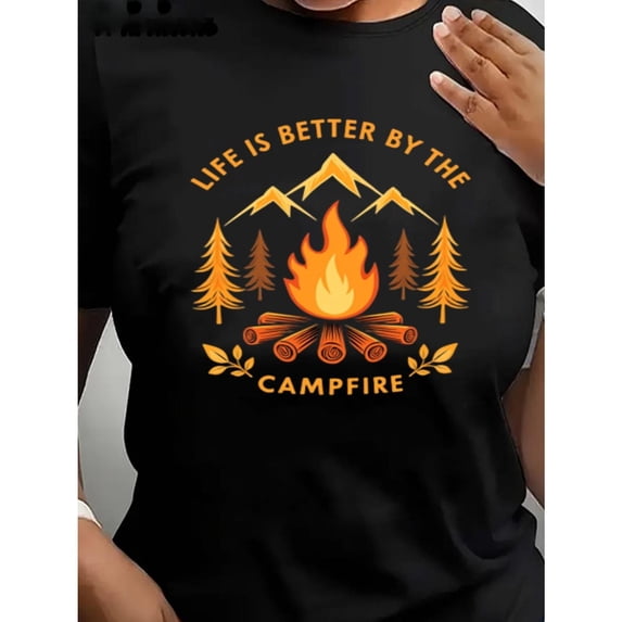 Women's Black Print Tshirt Graphic Tees Shirts Life Better By Campfire Mountain Camping Design Casual Tops S-5XL