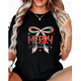 thumbnail image 1 of Women's Black Print Tshirt Graphic Tees Shirts Merry Christmas Retro Bow Print Tshirt Tops S-5XL, 1 of 5