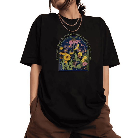 Women's Black Print Tshirt Graphic Tees Shirts Native Plants Ecosystem Restoration Art Design Tops S-5XL