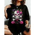thumbnail image 1 of Women's Black Print Tshirt Graphic Tees Shirts Pink Skull Crossbones Jack O Lantern Bats Halloween S-5XL Tops, 1 of 5