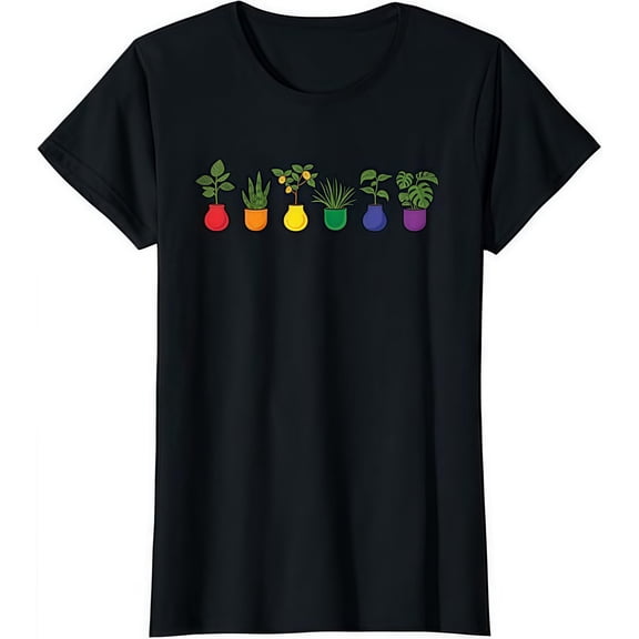 Women's Black Print Tshirt Graphic Tees Shirts Rainbow Potted Plants Pride Design Casual Tops S-5XL