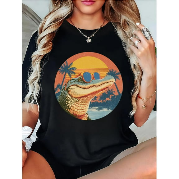 Women's Black Print Tshirt Graphic Tees Shirts Retro Cool Alligator With Sunglasses Tropical Animal S-5XL Tops