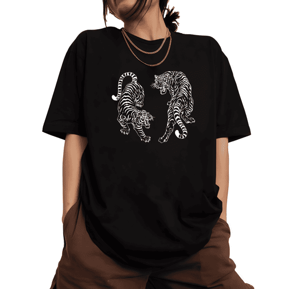 Women's Black Print Tshirt Graphic Tees Shirts Retro Tiger Art Design Tops S-5XL
