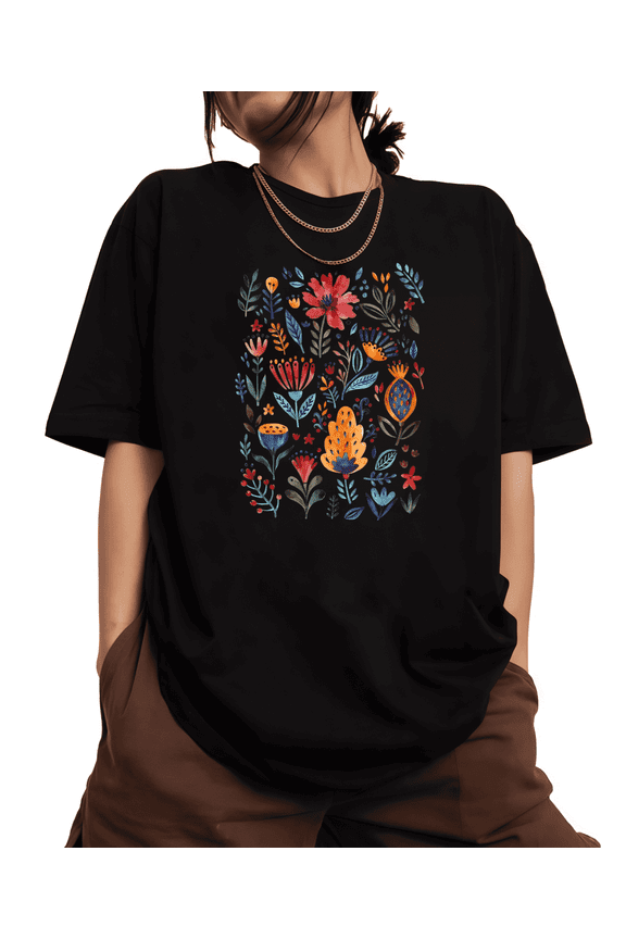 Women's Black Print Tshirt Graphic Tees Shirts S - 5XL Vibrant Floral Boho Casual Tops