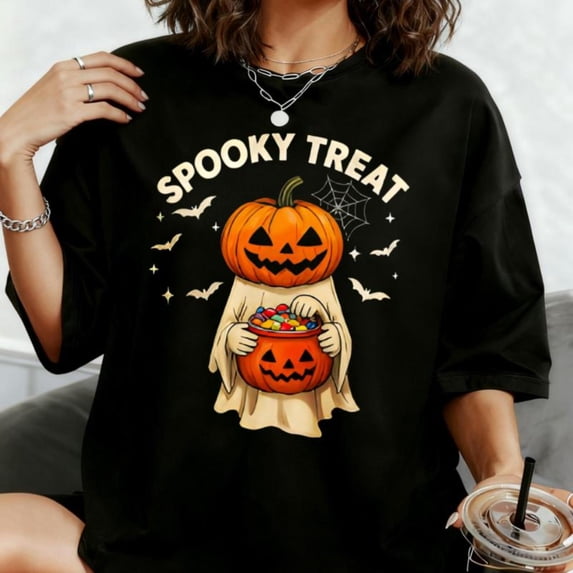 Women's Black Print Tshirt Graphic Tees Shirts Spooky Treat Halloween Pumpkin Ghost Bats Candy S-5XL Tops