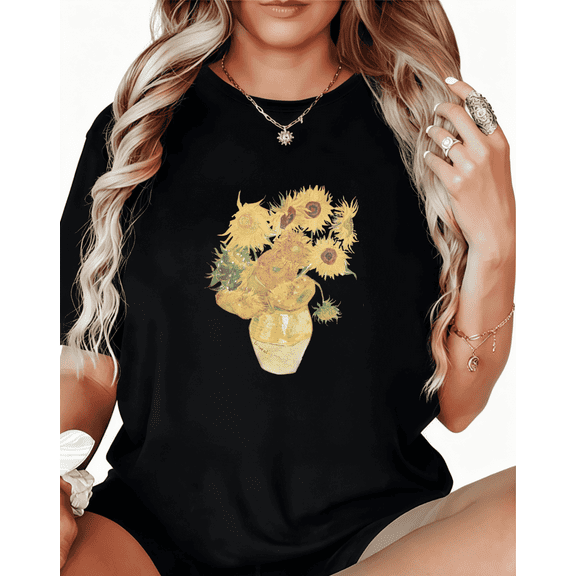 Women's Black Print Tshirt Graphic Tees Shirts Van Gogh Sunflower Art Masterpiece Tops S-5XL