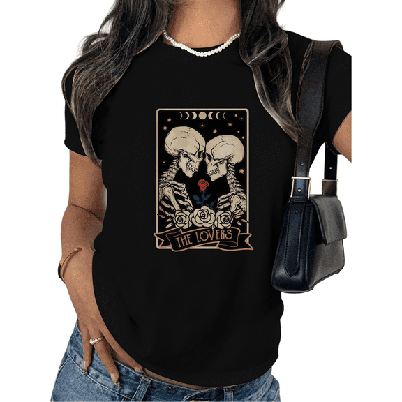 Women's Black Print Tshirt Graphic Tees Skeleton Lovers Tarot Card Pattern Shirts S-5XL Casual Daily Tops