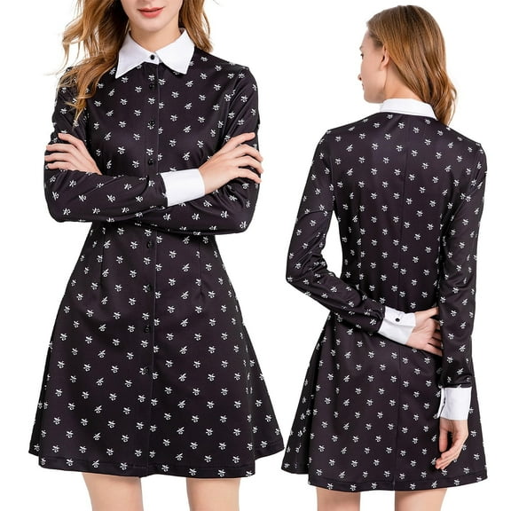 Women's Black Printed Long-Sleeve Dress - Sunday Family Gathering Outfit