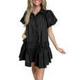 thumbnail image 1 of Women's Black Puff Sleeve Ruffle Hem Button Down Shirt Dress - [ZhiHiMeRi] | (US 12-14)L, 1 of 12