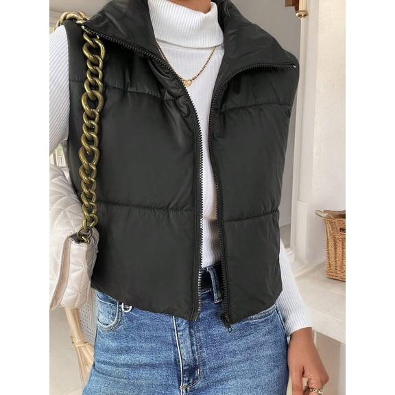 Women's Black Quilted Vest, Turn-Down Collar Sleeveless Padded Jacket for Casual Fall Layering