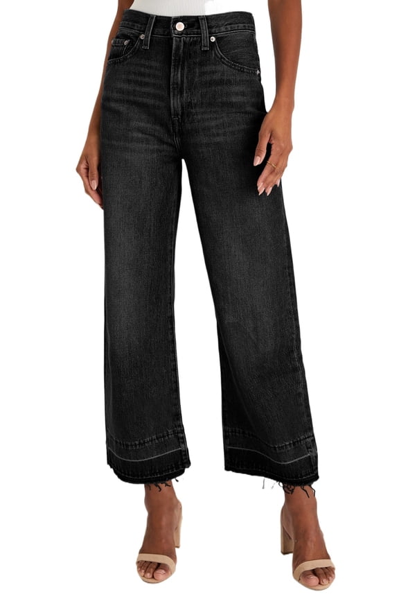 Women's Black Raw Hem Straight Leg Loose High Waist Jeans - Casual Everyday Style - [ZhiHiMeRi] | 10