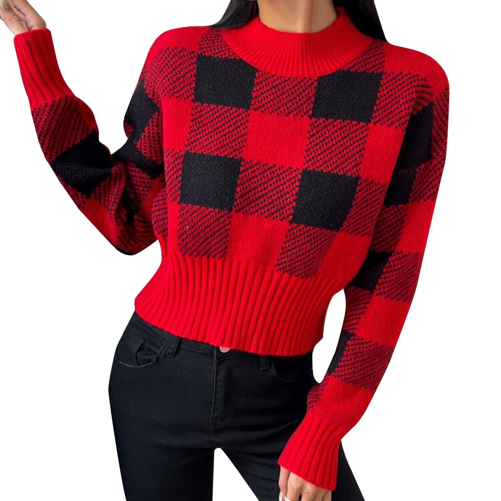 Women s Black Red Plaid Sweater Neck Long Sleeve Ribbed Knit Pullover Tops