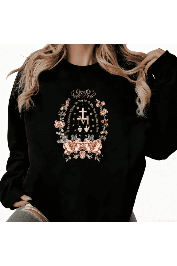 Women's Black Religious Element Floral Art Pattern Niche Design Trendy Loose Casual Sweatshirt S-3XL