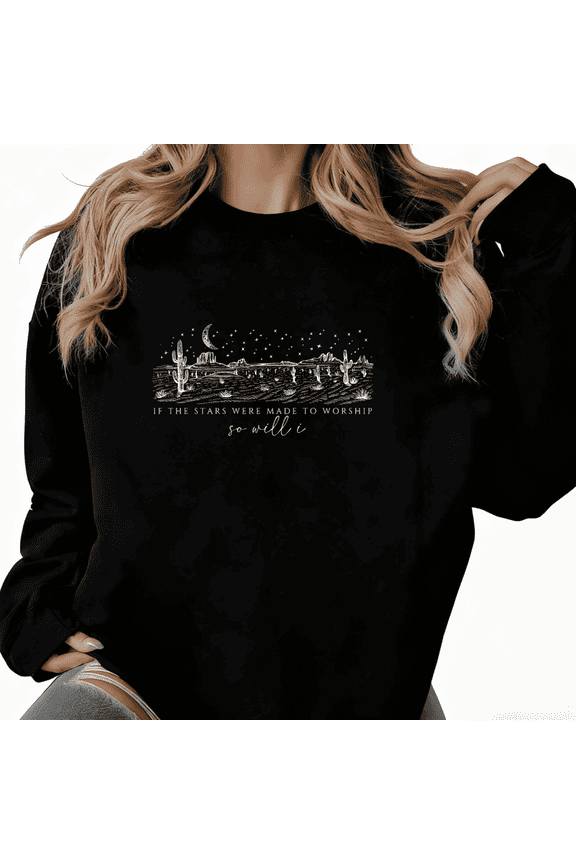 Women's Black Religious Text Desert Landscape Art Pattern Niche Design Trendy Loose Casual Sweatshirt S-3XL