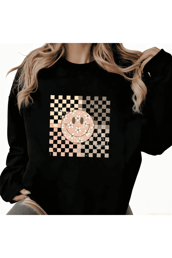 Women's Black Retro Distressed Checkerboard Smiley Floral Art Pattern Artistic Niche Design Trendy Casual Sweatshirt S-3XL
