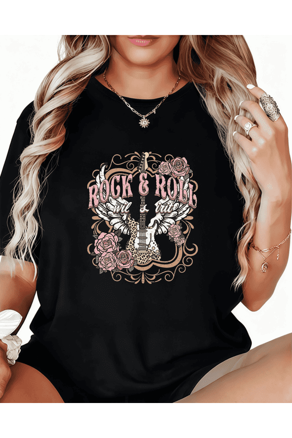 Women's Black Retro Rock & Roll Guitar Rose Wing Print Tshirt Graphic Tees Shirts S-5XL Music Lover Boho Tops