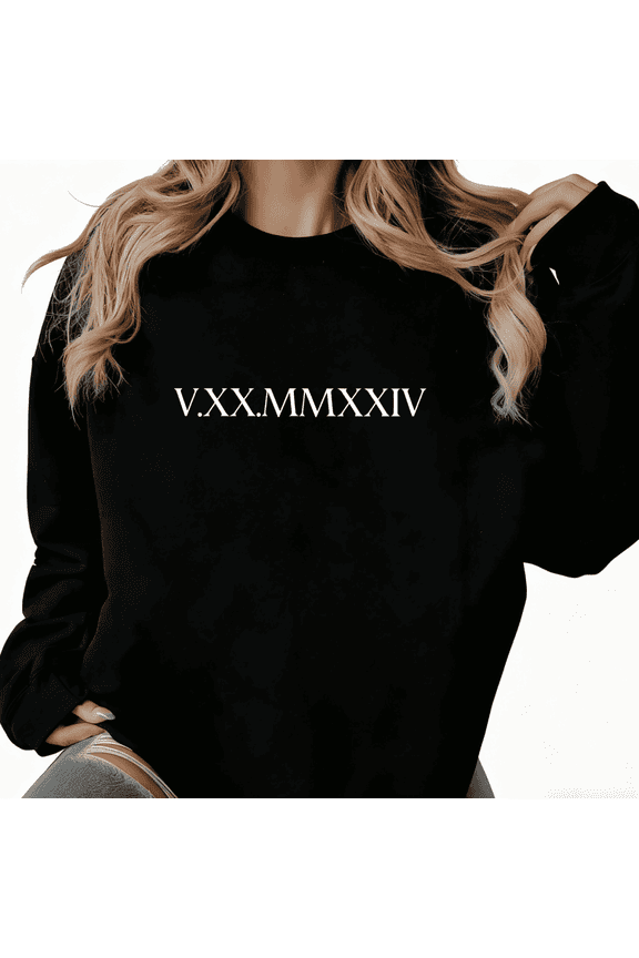 Women's Black Retro Roman Numerals Art Pattern Niche Design Trendy Loose Casual Sweatshirt S-3XL
