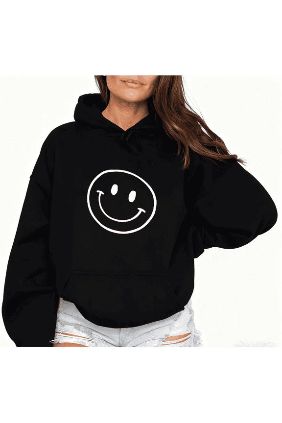 Women's Black Retro Smile Face Graphic Print Hoodie S-2XL Y2K Casual Graphic Sweatshirt Tops