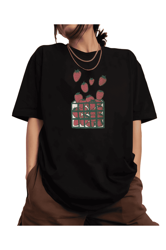 Women's Black Retro Strawberry Basket Fruit Print Tshirt Graphic Tees Shirts S-5XL Summer Casual Foodie Tops