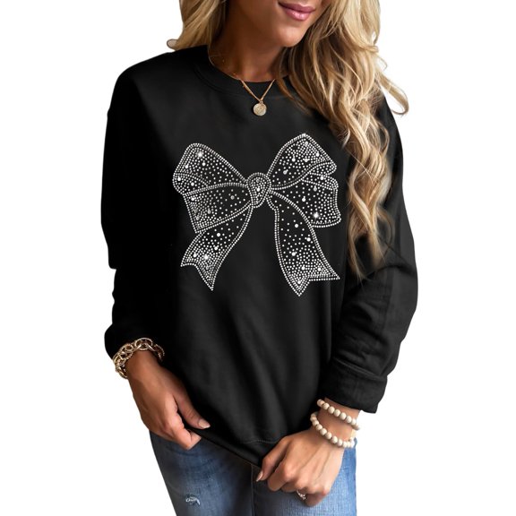 Women's Black Rhinestone Bowknot Graphic Crewneck Pullover Sweatshirt | [ZhiHiMeRi] | (US 20-22)2XL