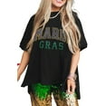 thumbnail image 1 of Women's Black Rhinestone Mardi Gras Letter Graphic Oversized T-Shirt | [ZhiHiMeRi] | (US 12-14)L, 1 of 5