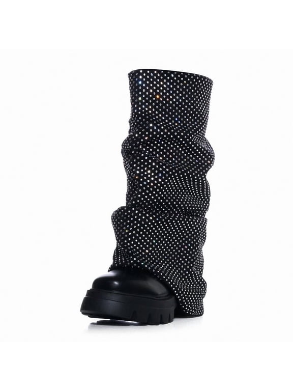 Women's Black Rhinestone Platform Round Toe fold over Wide Calf Boots Fashion Chunky Heel slouchy Shark moon Party Rave Boots 10