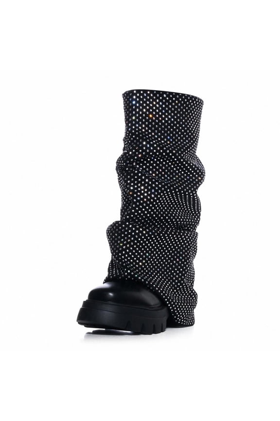 Women's Black Rhinestone Platform Round Toe fold over Wide Calf Boots Fashion Chunky Heel slouchy Shark moon Party Rave Boots 7
