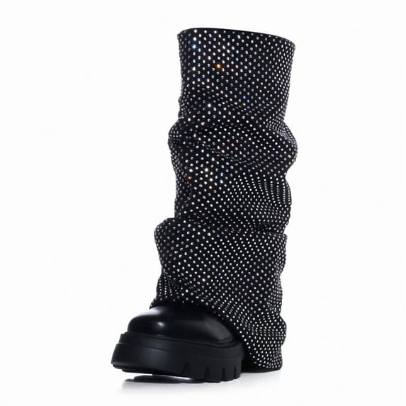 Women's Black Rhinestone Platform Round Toe fold over Wide Calf Boots Fashion Chunky Heel slouchy Shark moon Party Rave Boots 9