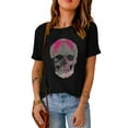 thumbnail image 1 of Women's Black Rhinestone Skull Graphic Crew Neck T-Shirt, 1 of 7