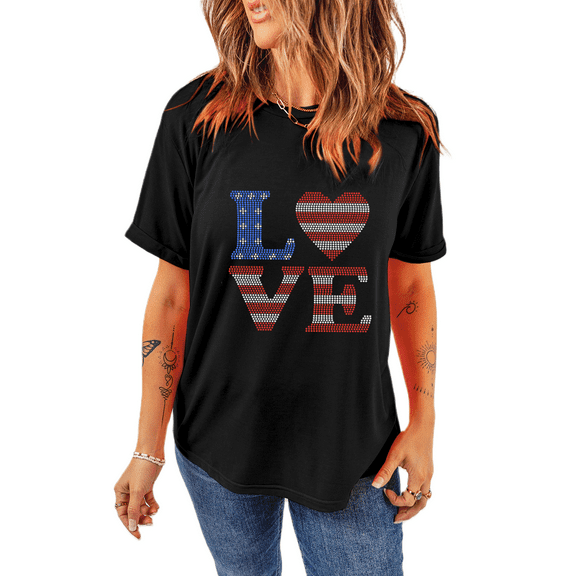 Women's Black Rhinestone USA Flag Stripes and Stars LOVE Graphic T-Shirt - [ZhiHiMeRi] | (US 18-20)2XL
