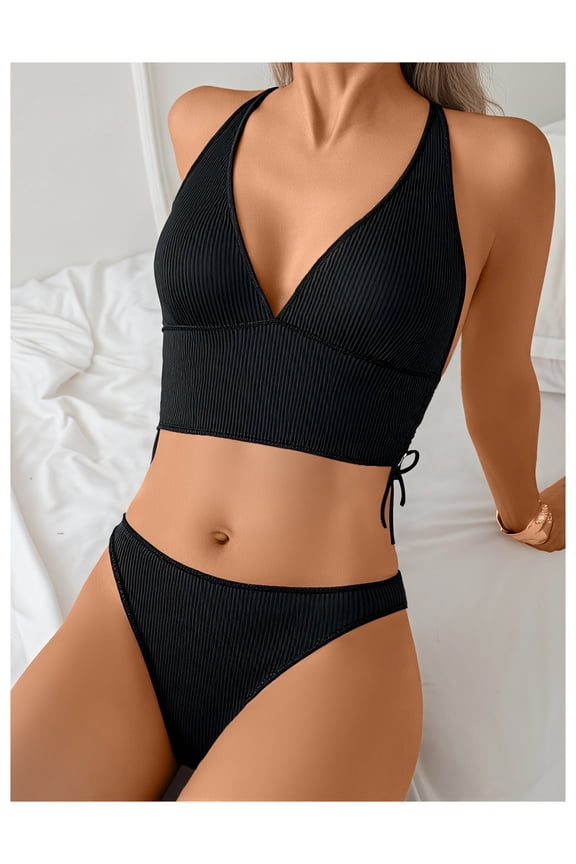 Women's Black Ribbed High-Waist Bikini Set - Deep V Neck Cropped Bathing Suit with Adjustable Drawstrings