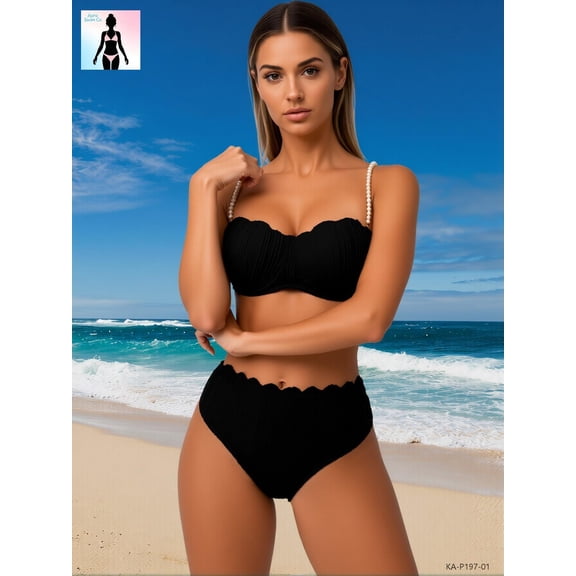 Women's Black Ribbed High Waisted Bikini Set with Pearl Straps 2-Piece Swimsuit